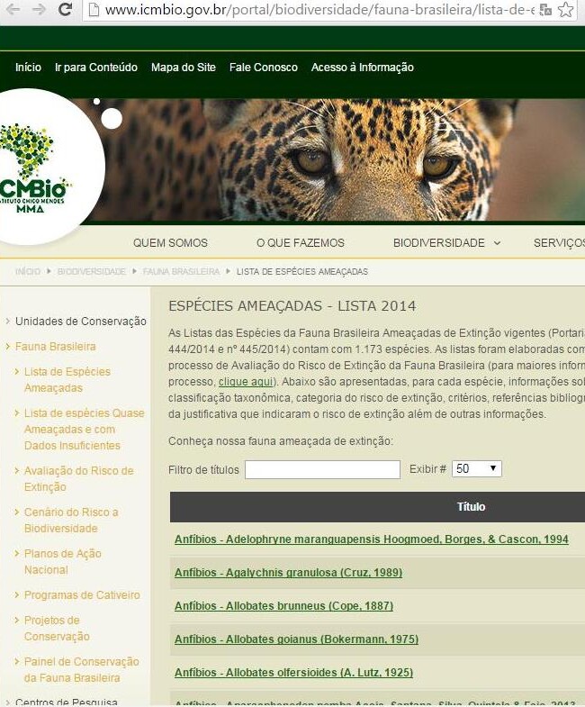 Lista de especies ameacadas 2014 (List of threatened species) Brazil
