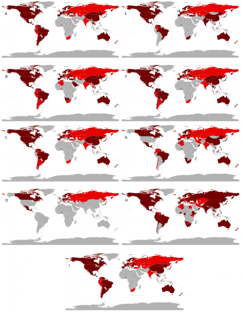 Figure 3. Global National Red List coverage by taxon group: A – Amphibians; B- Birds; C – Fish; D – Fungi & lichens; E – Invertebrates; F – Mammals; G – Non-vascular plants; H – Vascular plants; I – Reptiles. Maps highlight areas where National Red Lists are up to date (dark red) and out-of-date (light red); grey denotes no National Red List exists which covers the taxon group in question